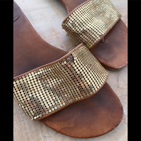 Stuart Weitzman gold sequins leather slides sandal shoes - Picture 5 of 11